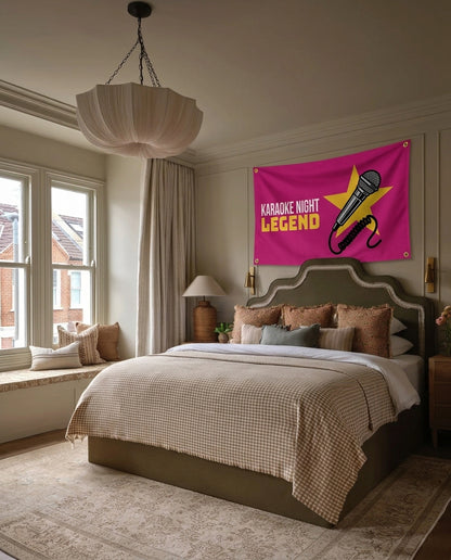 Karaoke Night Legend music wall flag hanging in a bedroom