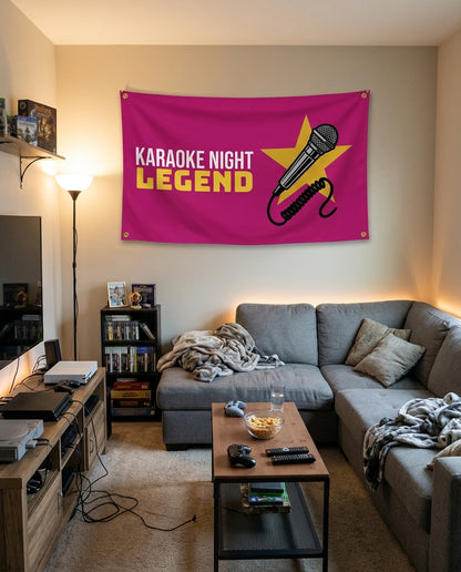 Karaoke Night Legend flag decorating a game room wall