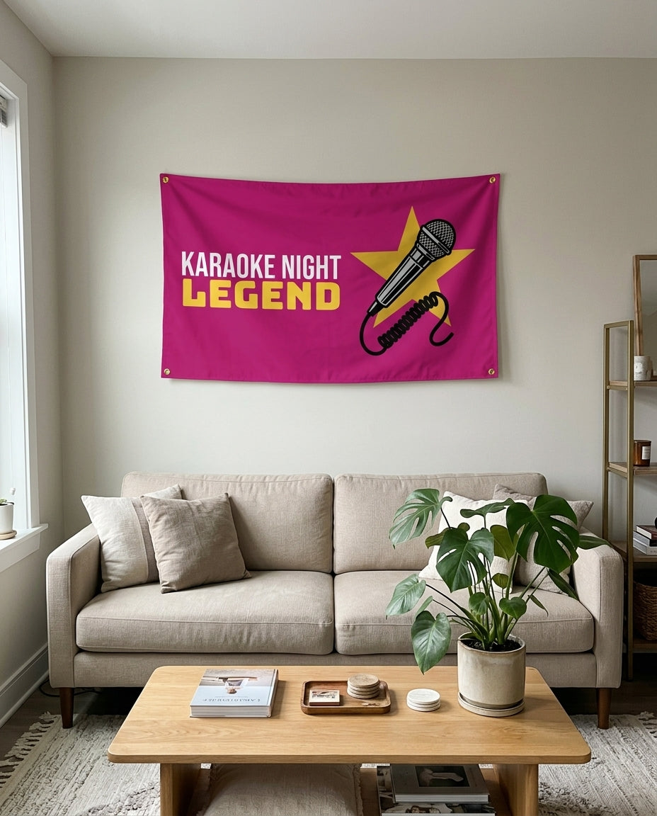 Karaoke Night Legend flag used as living room wall decor