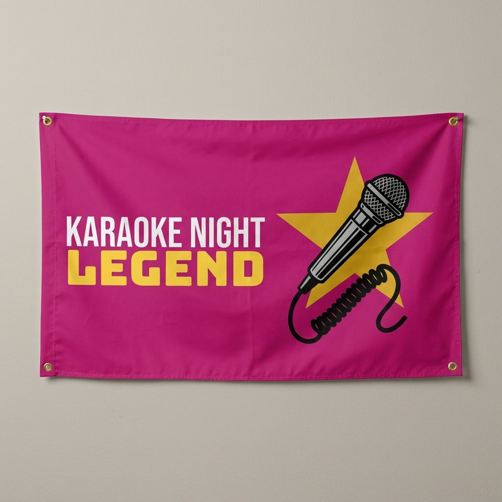 Karaoke Night Legend flag 3x5 in magenta with a microphone and a gold star, hung on a wall