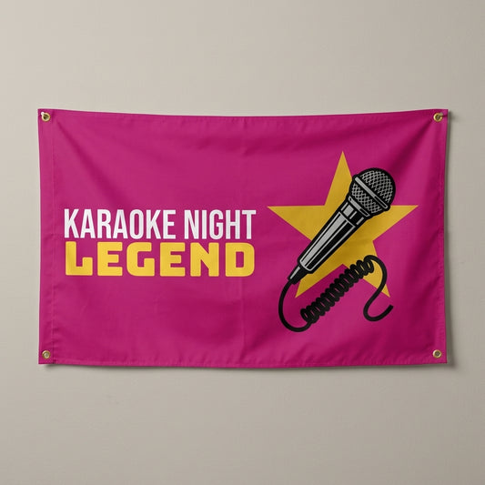 Karaoke Night Legend flag 3x5 in magenta with a microphone and a gold star, hung on a wall