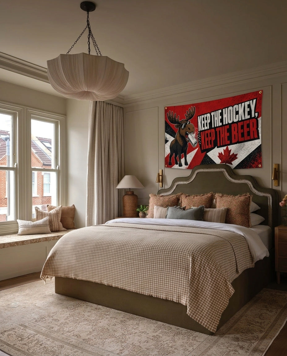 Keep The Hockey Keep The Beer funny moose wall flag hanging in a bedroom