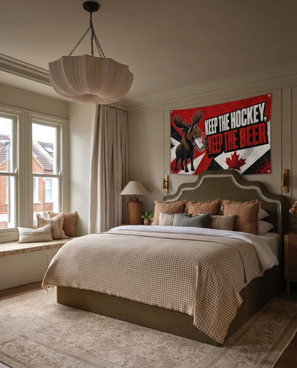 Keep The Hockey Keep The Beer funny moose wall flag hanging in a bedroom