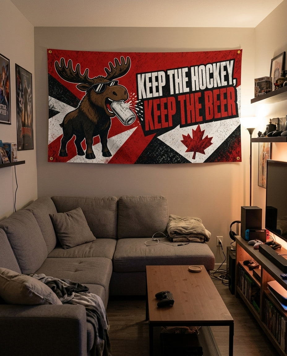 Keep The Hockey Keep The Beer flag decorating a game room wall