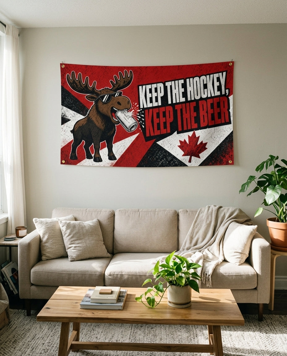 Red Keep The Hockey Keep The Beer flag used as living room wall decor