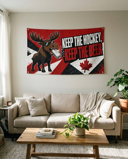 Red Keep The Hockey Keep The Beer flag used as living room wall decor