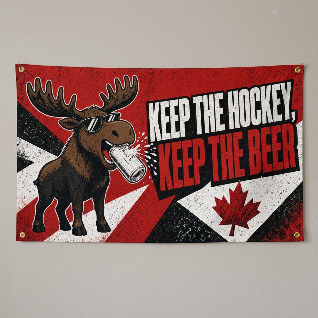 Keep The Hockey Keep The Beer flag 3x5 with a moose in sunglasses and a maple leaf, hung on a gray wall
