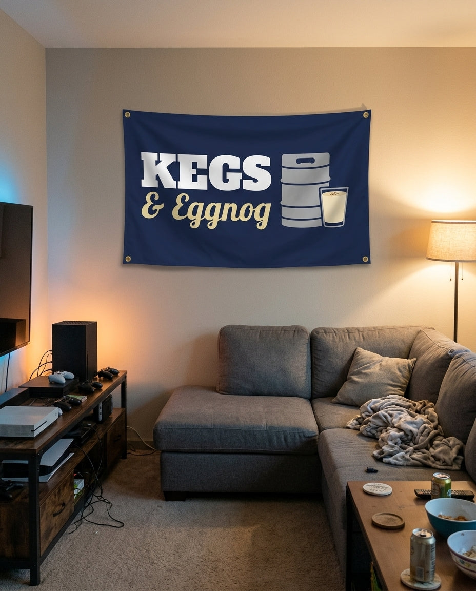 Kegs And Eggnog flag decorating a game room wall