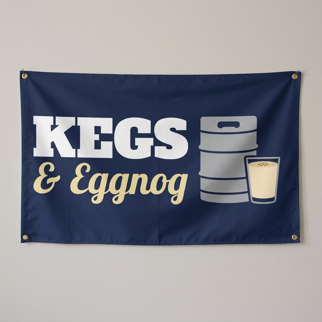 Kegs And Eggnog flag 3x5 in navy with a keg and a glass of eggnog, hung on a wall
