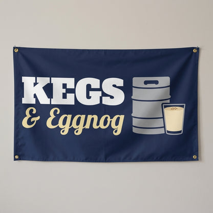 Kegs And Eggnog flag 3x5 in navy with a keg and a glass of eggnog, hung on a wall