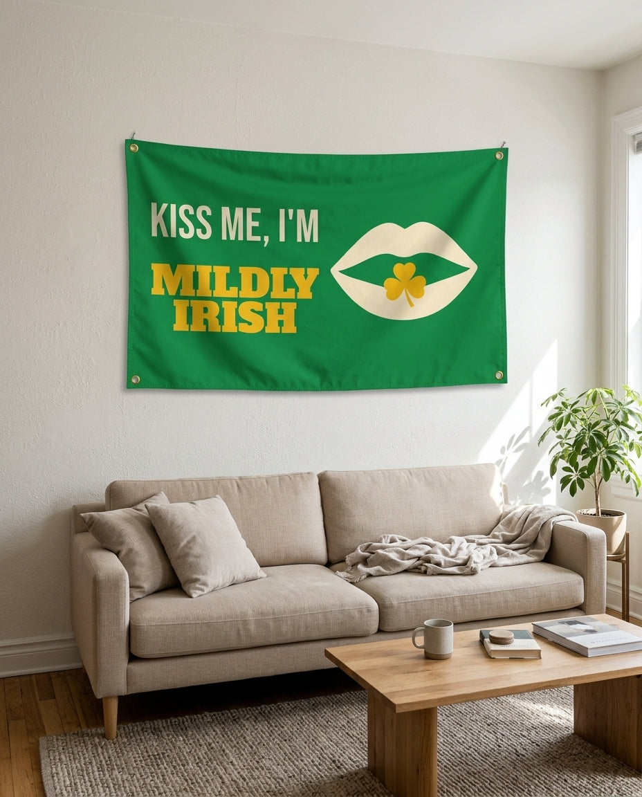 Kiss Me Im Mildly Irish flag used as living room wall decor