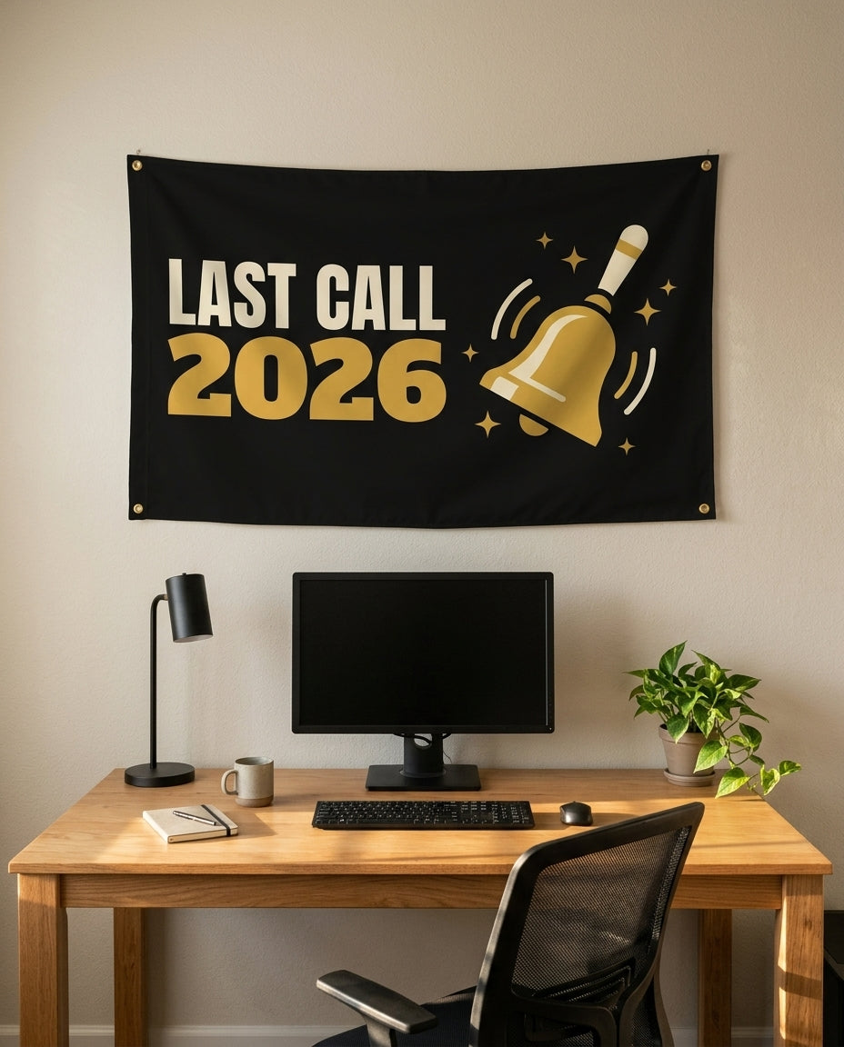 Last Call 2026 3x5 flag on a home office wall