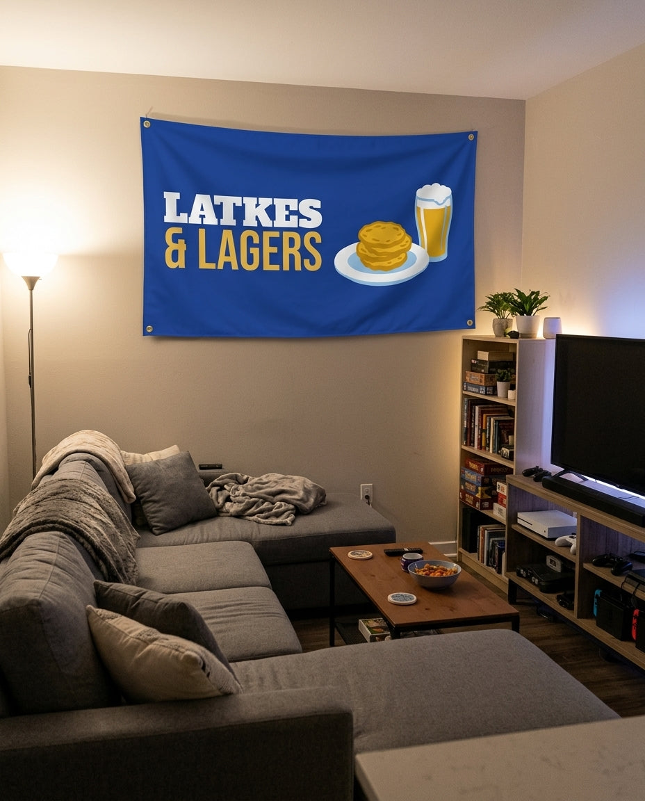 Latkes And Lagers flag decorating a game room wall