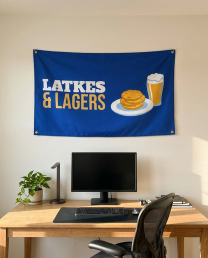 Latkes And Lagers 3x5 flag on a home office wall