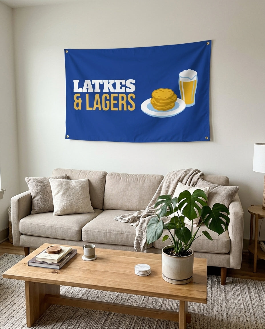 Latkes And Lagers flag used as living room wall decor