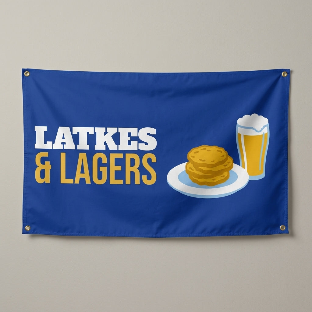 Latkes And Lagers flag 3x5 in royal blue with latkes and a lager, hung on a wall