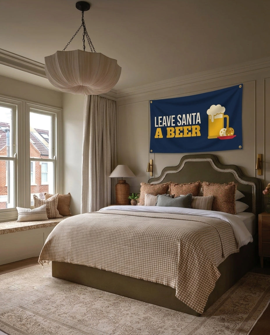 Leave Santa A Beer Christmas wall flag hanging in a bedroom