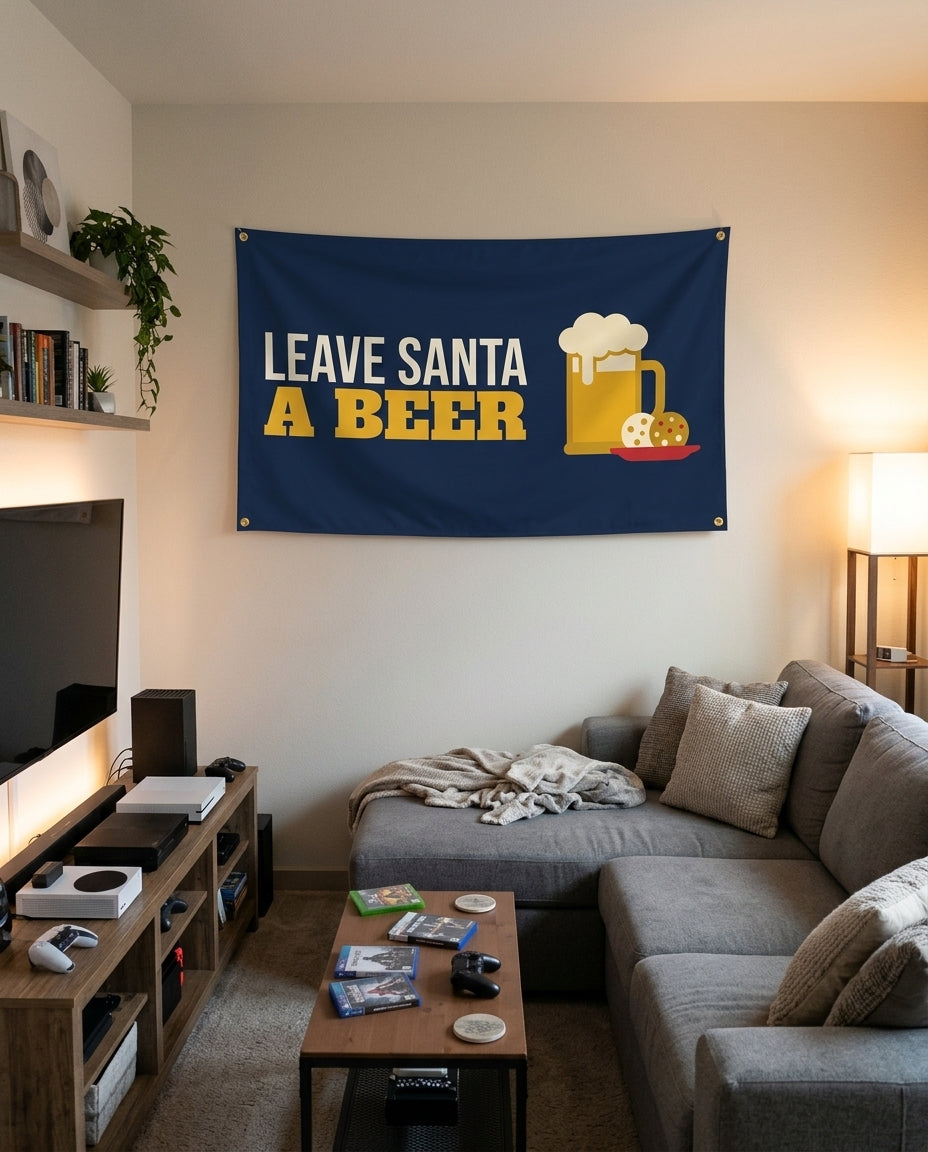 Leave Santa A Beer flag decorating a game room wall