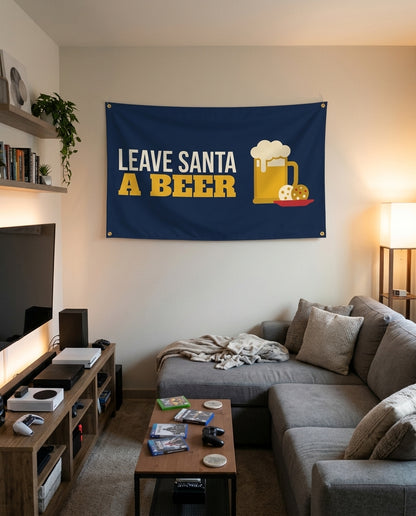 Leave Santa A Beer flag decorating a game room wall