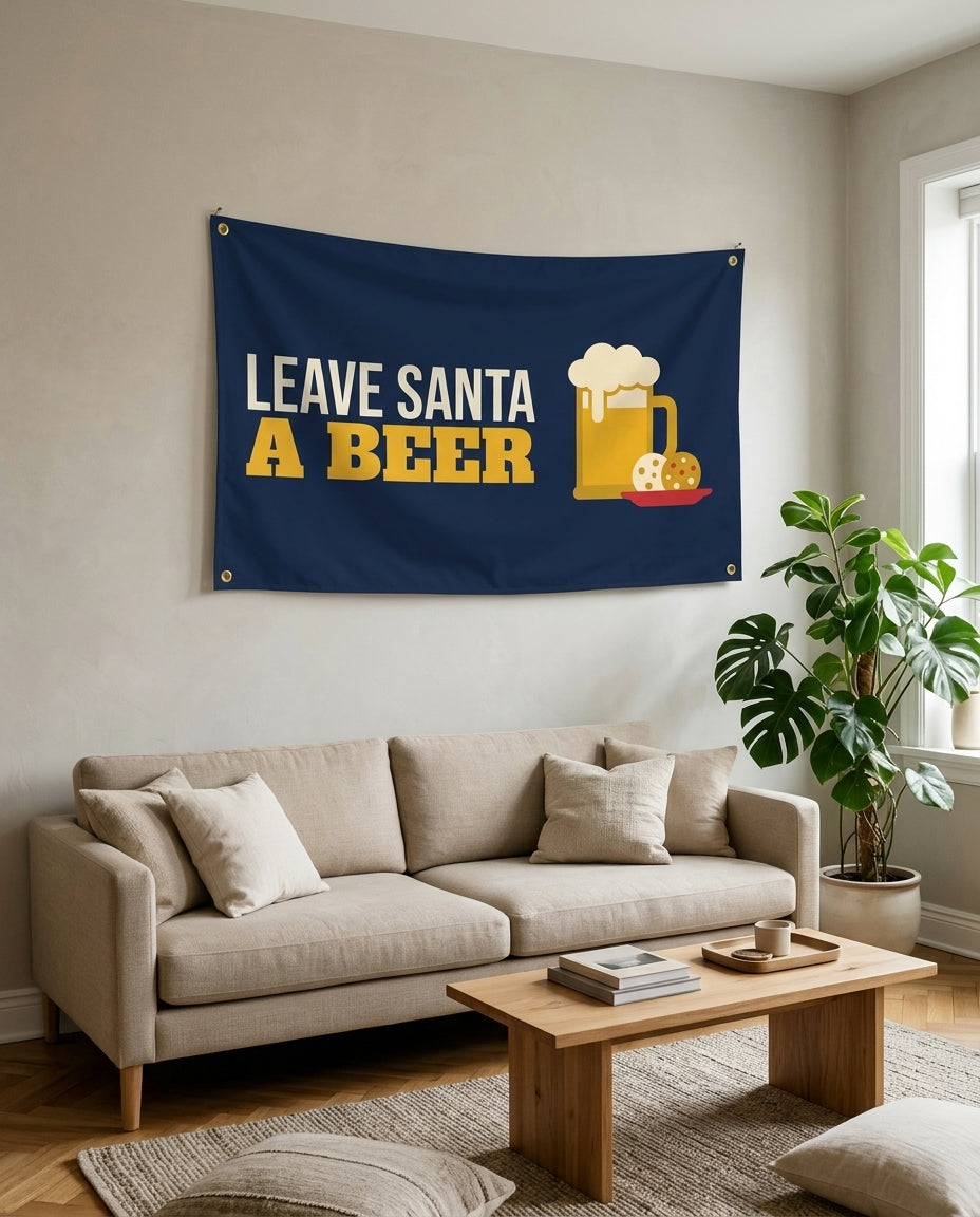 Leave Santa A Beer flag used as living room wall decor