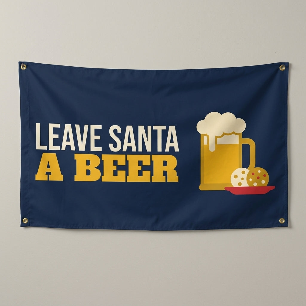Leave Santa A Beer flag 3x5 in navy with a frothy mug and a plate of cookies, hung on a wall