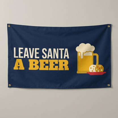 Leave Santa A Beer flag 3x5 in navy with a frothy mug and a plate of cookies, hung on a wall