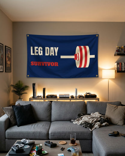 Leg Day Survivor flag decorating a game room wall