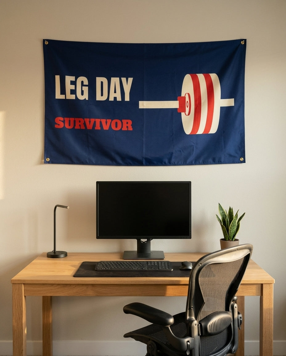 Leg Day Survivor 3x5 flag on a home office wall