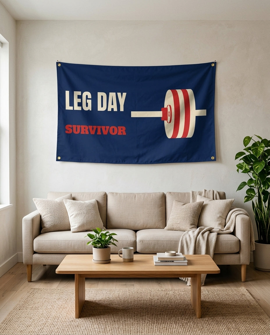 Leg Day Survivor flag used as living room wall decor
