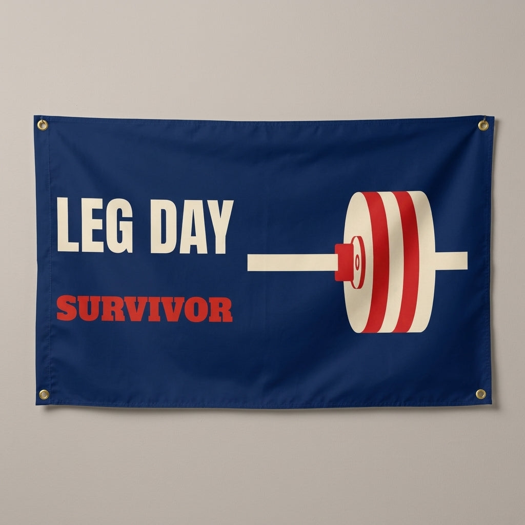Leg Day Survivor flag 3x5 in navy with a cream and red barbell, hung on a wall