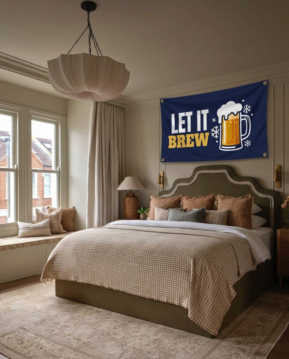 Let It Brew winter wall flag hanging in a bedroom