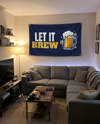 Let It Brew flag decorating a game room wall