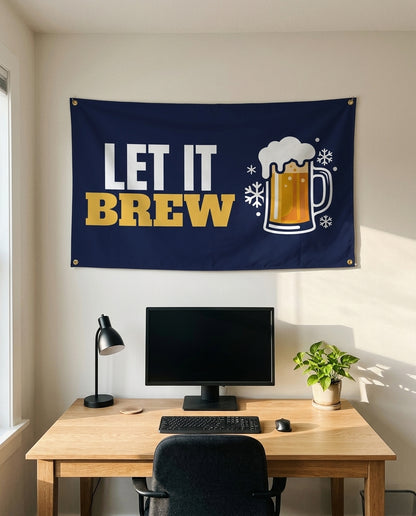 Let It Brew 3x5 flag on a home office wall