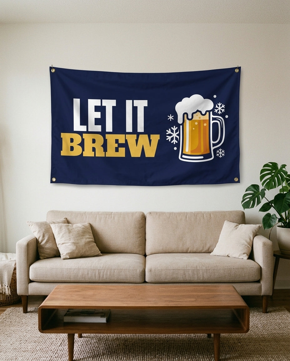 Let It Brew flag used as living room wall decor