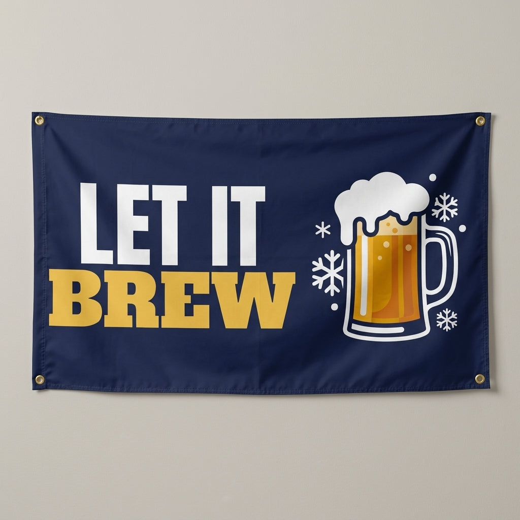 Let It Brew flag 3x5 in navy with a beer mug and snowflakes, hung on a wall