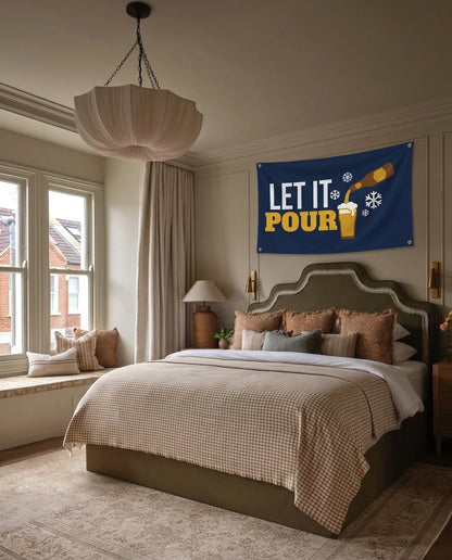 Let It Pour winter wall flag hanging in a bedroom