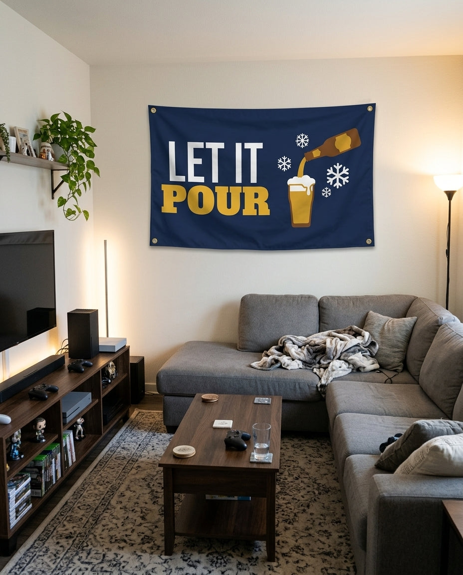 Let It Pour flag decorating a game room wall
