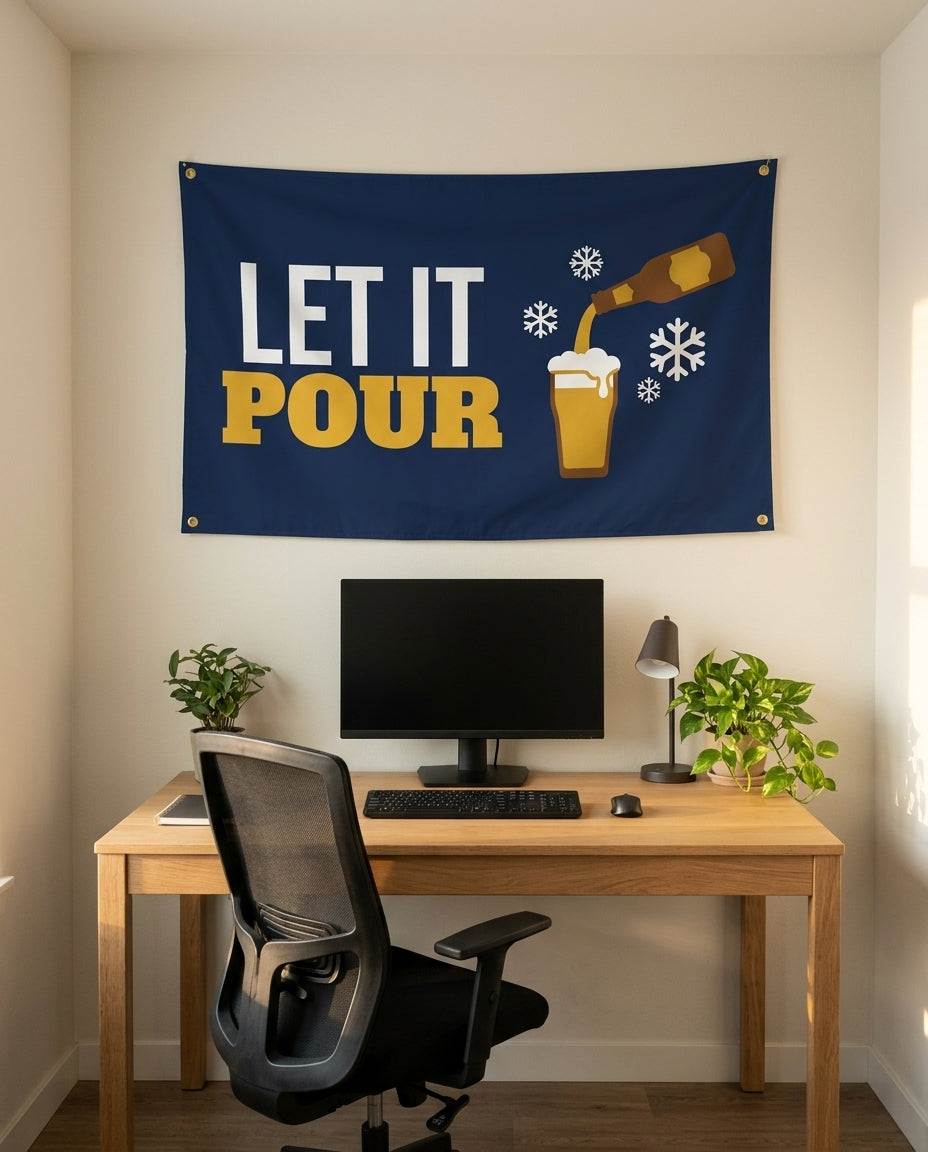 Let It Pour 3x5 flag on a home office wall