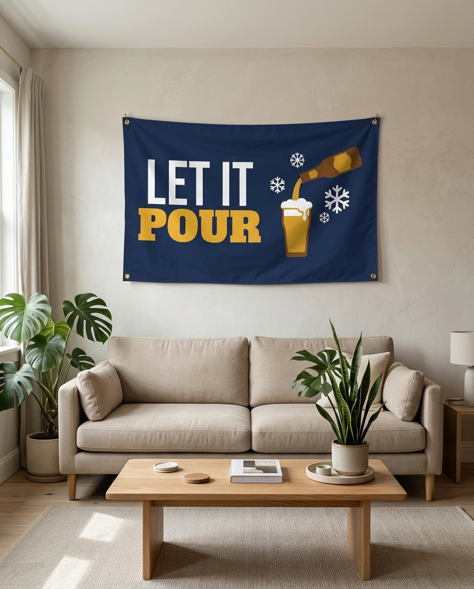 Let It Pour flag used as living room wall decor