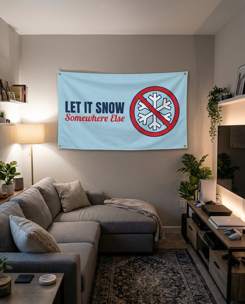 Let It Snow Somewhere Else flag decorating a game room wall