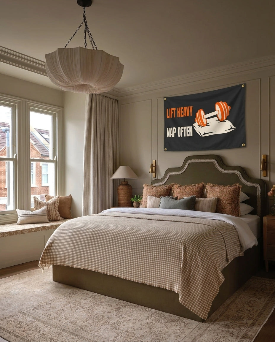 Lift Heavy Nap Often gym wall flag hanging in a bedroom