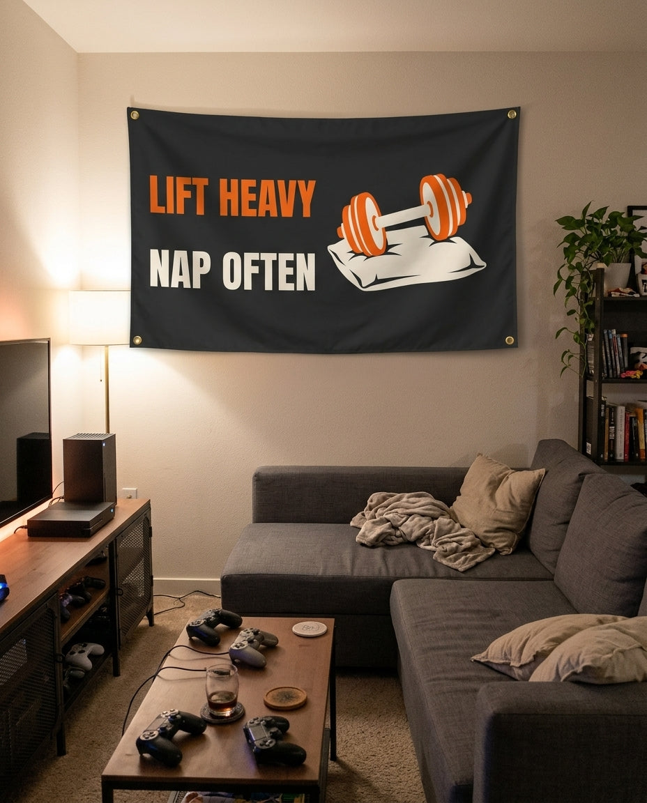 Lift Heavy Nap Often flag decorating a game room wall