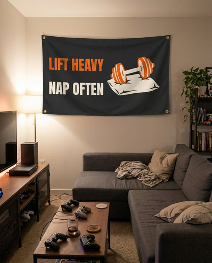 Lift Heavy Nap Often flag decorating a game room wall