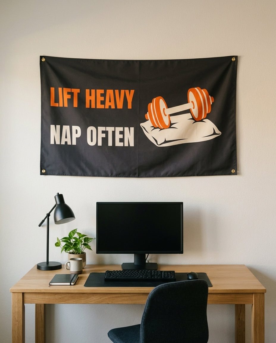 Lift Heavy Nap Often 3x5 flag on a home office wall