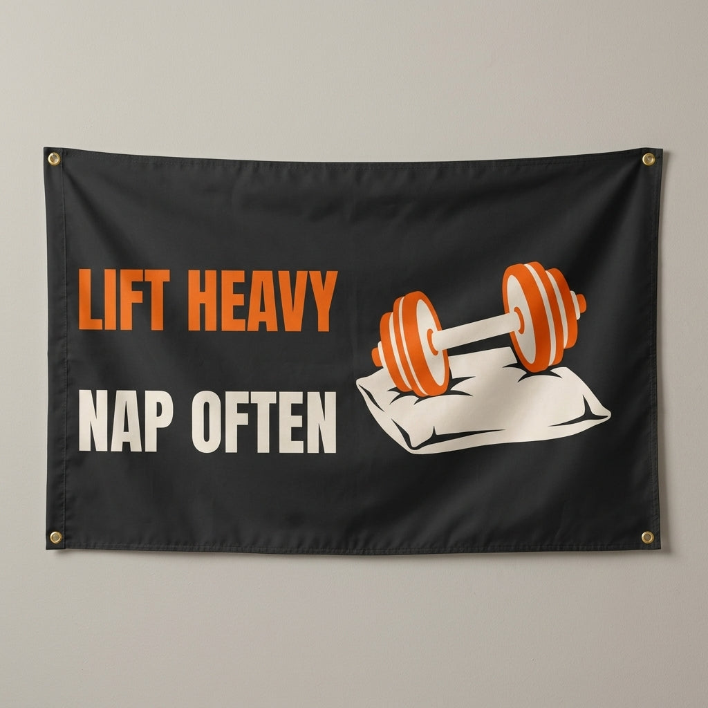 Lift Heavy Nap Often flag 3x5 in black with an orange dumbbell on a pillow, hung on a wall