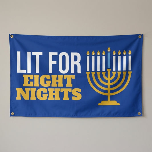Lit For Eight Nights flag 3x5 in royal blue with a gold menorah, hung on a wall