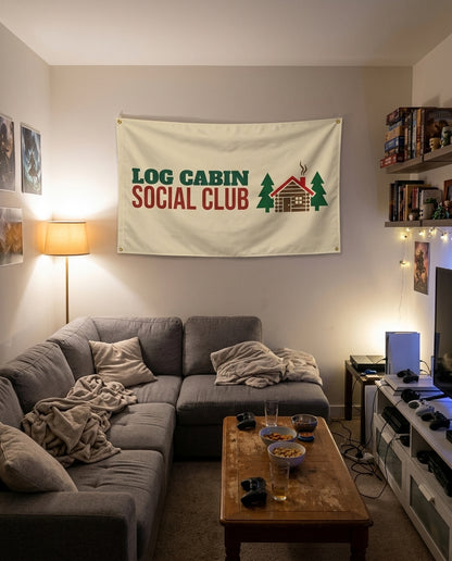 Log Cabin Social Club flag decorating a game room wall