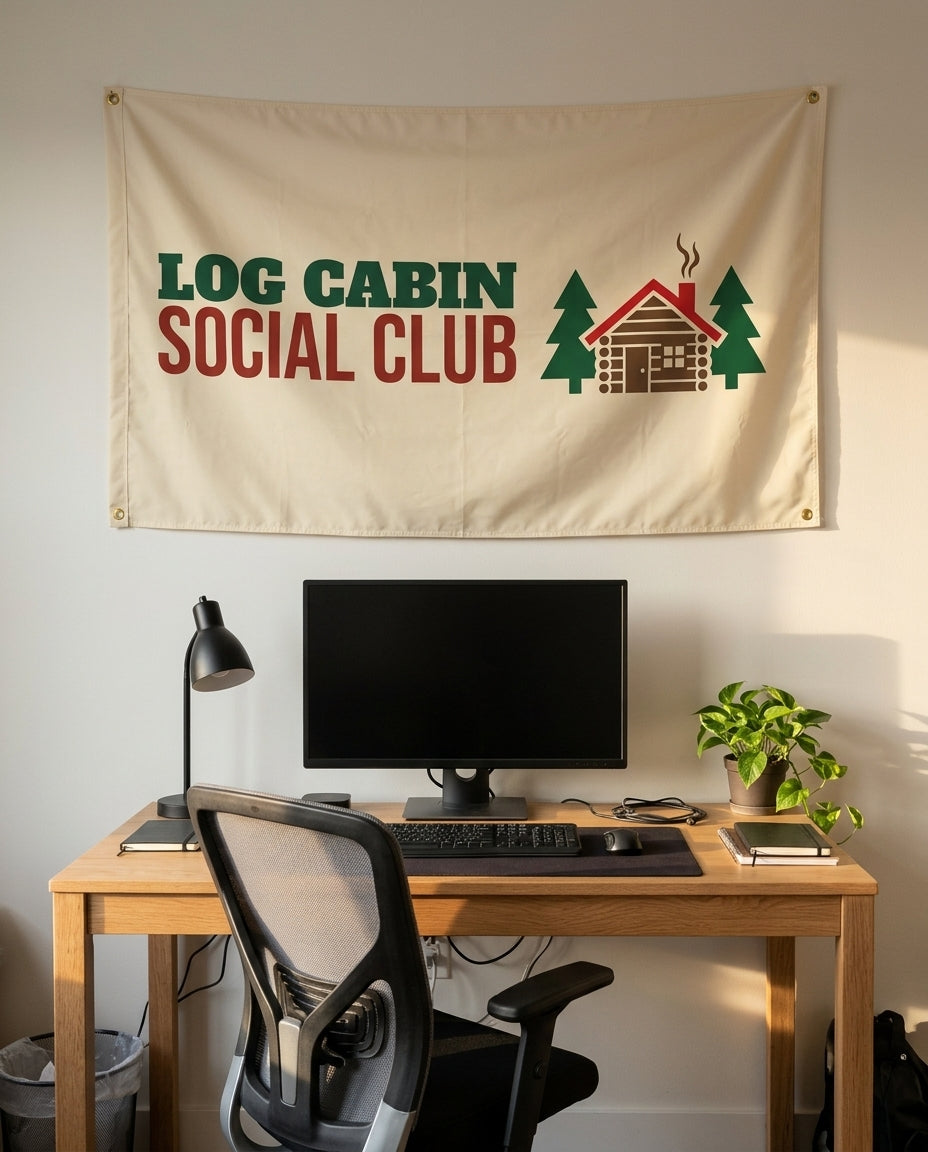 Log Cabin Social Club 3x5 flag on a home office wall