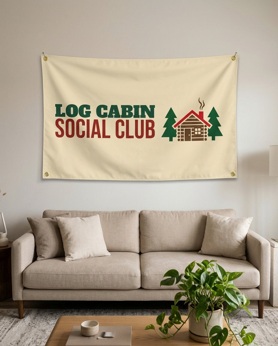 Log Cabin Social Club flag used as living room wall decor