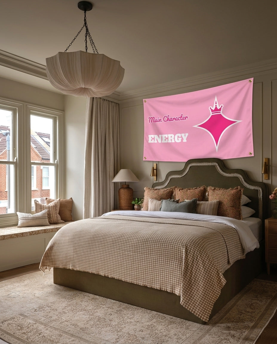 Main Character Energy funny wall flag hanging in a bedroom